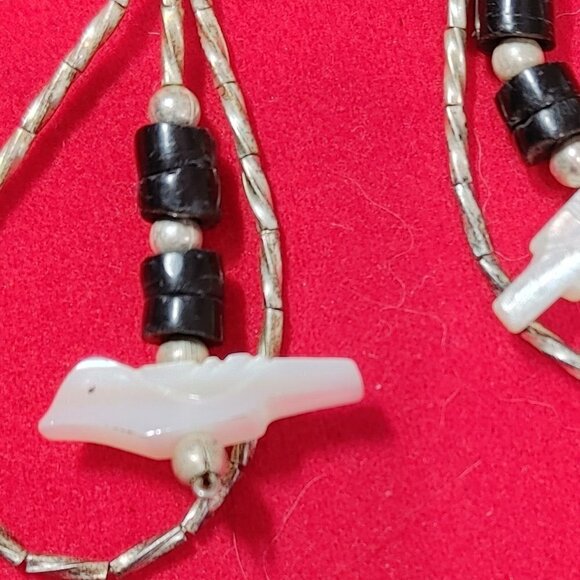 Native American Sterling Fetish Mother Of Pearl Birds Liquid Silver Hoop Earings - Picture 2 of 3